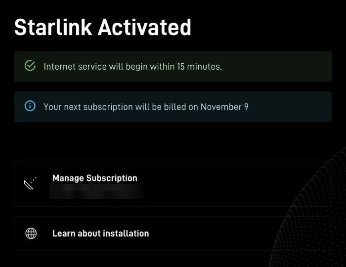 Сайт Starlink: екран «Starlink Activated» після оплати