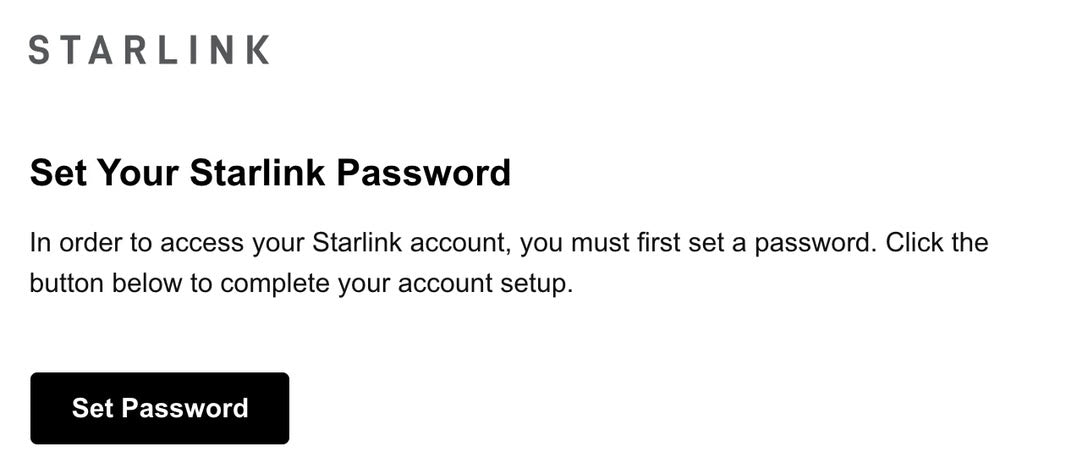 Лист від Starlink «Set Your Starlink Password» з кнопкою «Set Password»